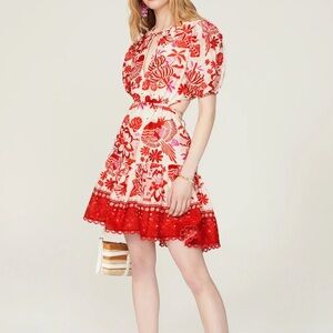 FARM RIO Cotton Tiles Cutout Mini Dress Red Cream XS